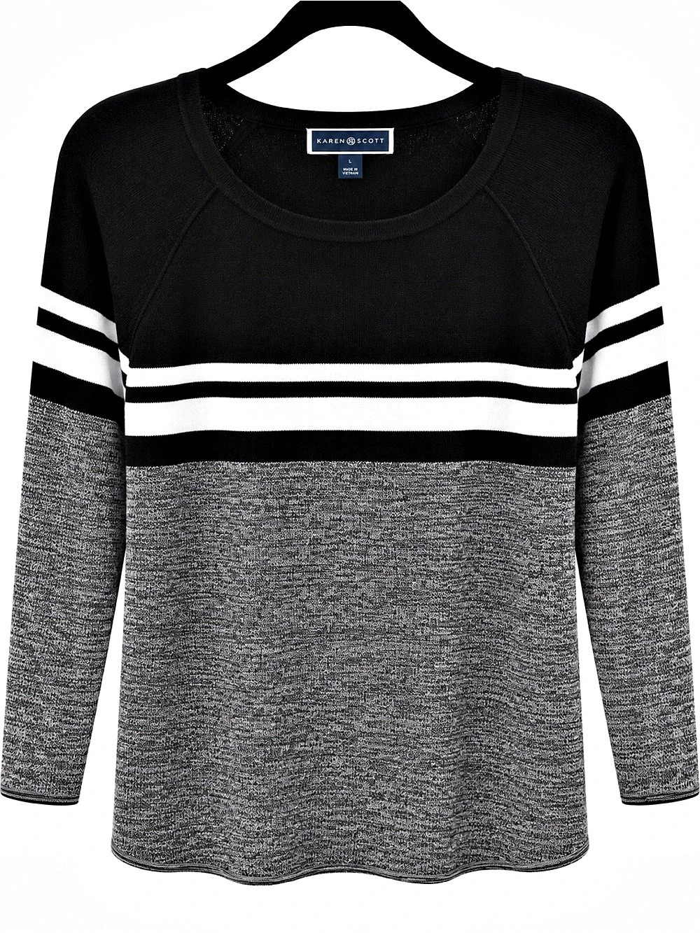 Karen Scott Striped Crew Neck Sweater in Black & Gray Size Large Like 
